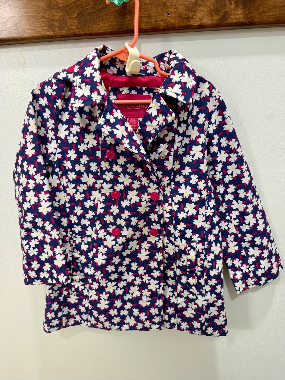 London Fog Navy Floral Raincoat with White Flowers and Pink Accents